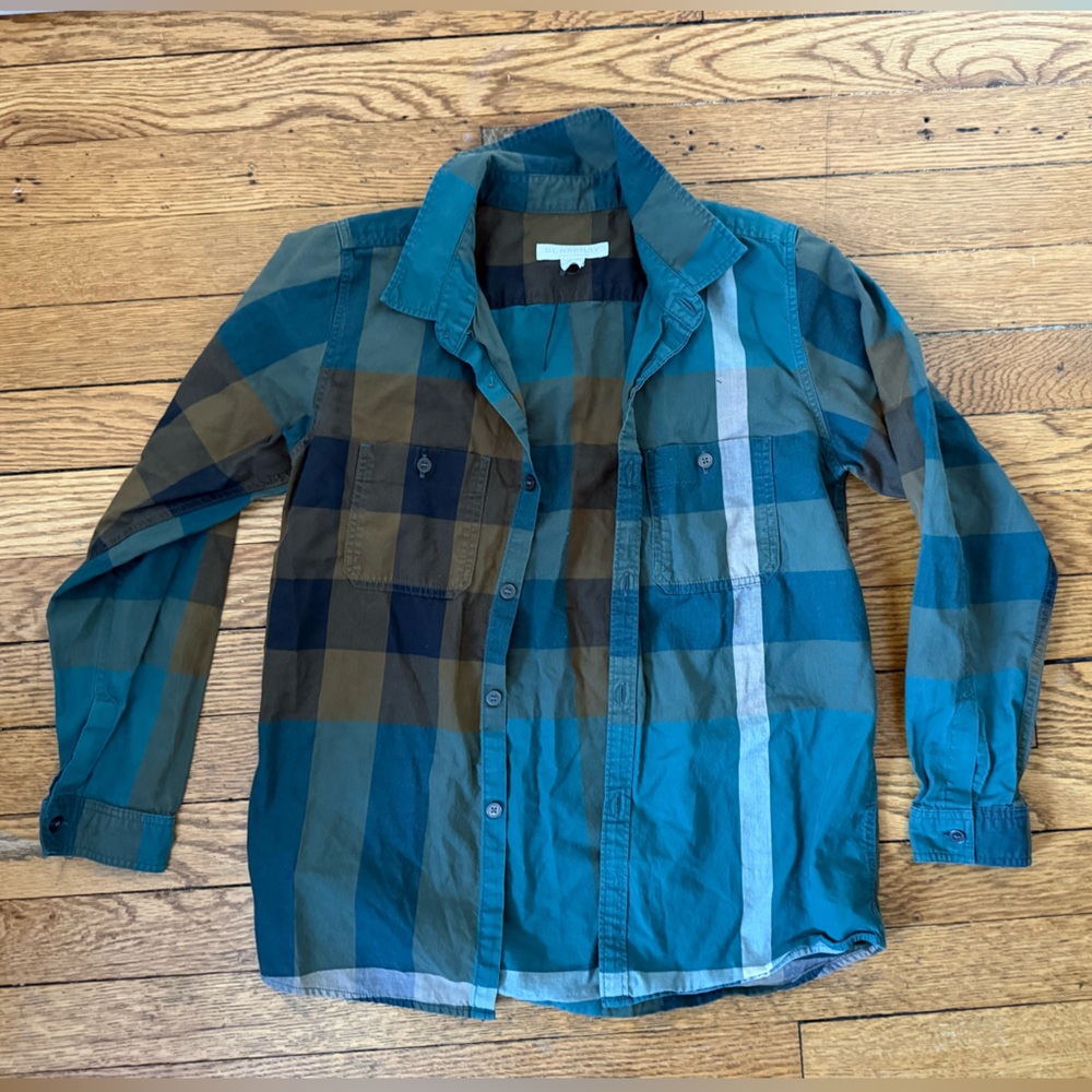 Burberry Teal and Brown Check Button Down Shirt - Size 10